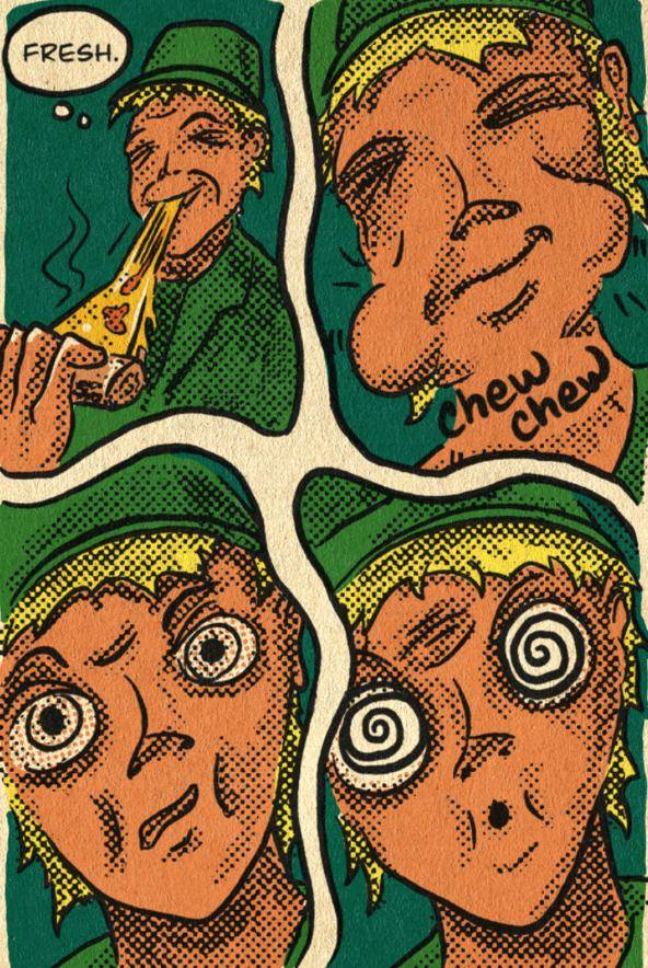 Four panels of the seeker eating the pizza. Fresh. Chew, chew. Their eyes turn to spirals.